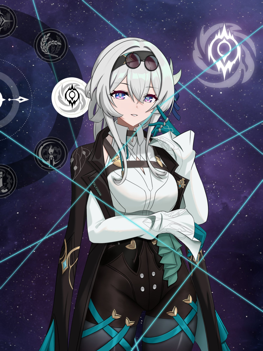 1girl, aqua_gloves, black_hairband, black_jacket, breasts, cosplay, eyewear_on_head, firefly_(honkai:_star_rail)