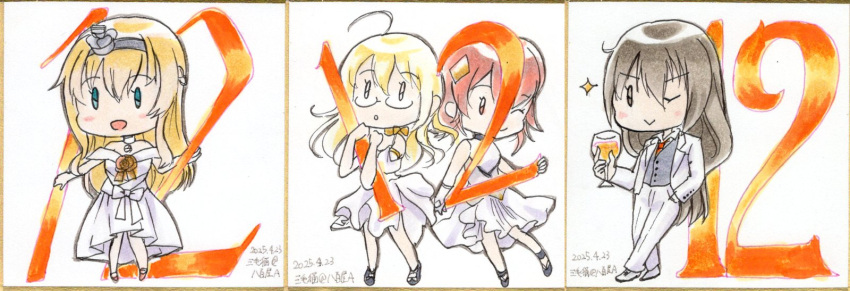 4girls, ahoge, alcohol, anniversary, black_hair, blonde_hair, blue_eyes, chibi