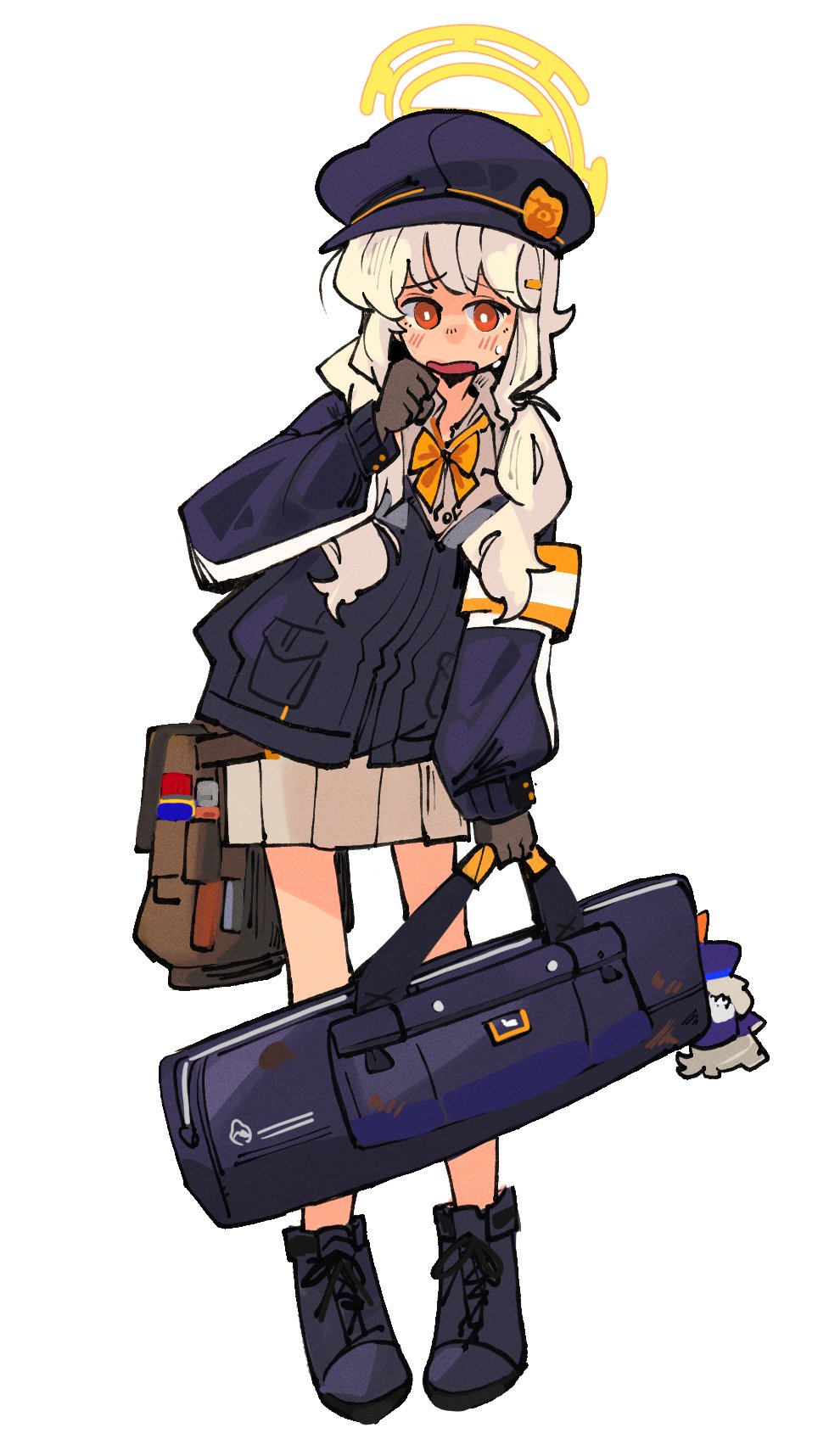 1girl, aoba_(blue_archive), armband, bag, black_boots, black_hat, black_jacket, blue_archive