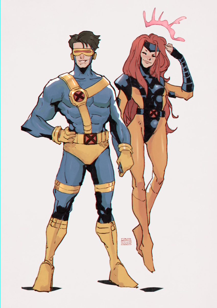 02ofclubs, 1boy, 1girl, blue_bodysuit, bodysuit, boots, brown_hair, cyclops_(x-men)