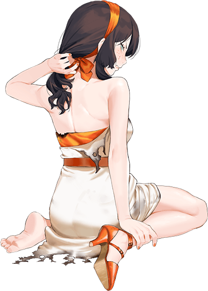 1girl, arms_behind_back, black_hair, burnt_clothes, dress, freckles, from_behind, full_body