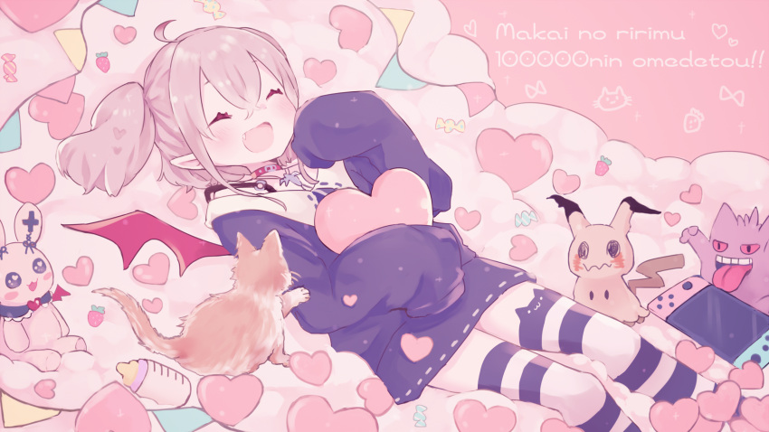 1girl, :d, ahoge, animal_ear_legwear, asymmetrical_legwear, baby_bottle, belt, black_jacket