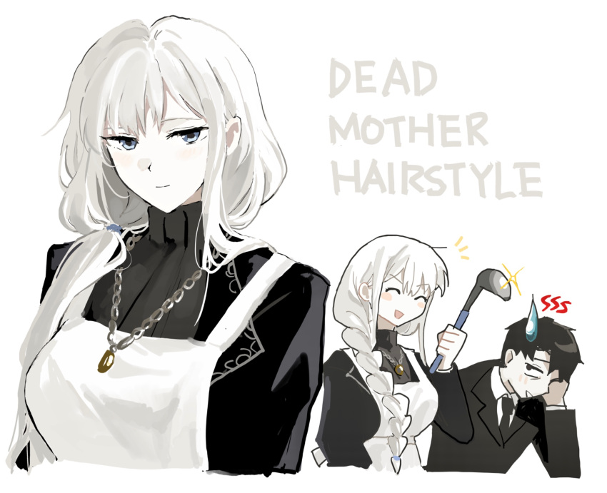 1boy, 1girl, angelica_(project_moon), apron, black_jacket, black_sweater, blue_eyes, braid, closed_mouth, highres, holding, holding_ladle, husband_and_wife, jacket, jewelry, ladle, library_of_ruina, long_hair, looking_at_viewer, low_ponytail, necklace, ponytail, project_moon, r2718281, ring, ring_necklace, roland_(project_moon), silver_trim, smile, sweater, turtleneck, turtleneck_sweater, very_long_hair, white_apron, white_hair