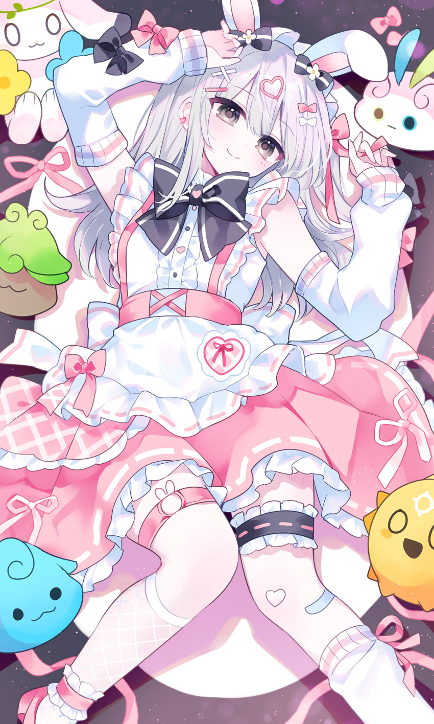 1girl, animal_ears, apron, arm_up, asymmetrical_legwear, black_bow, bow, center_frills