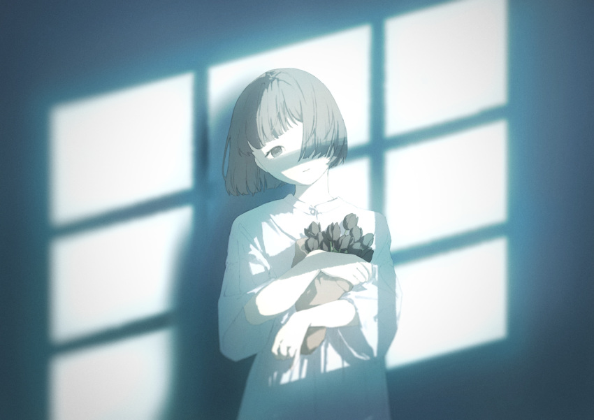 1girl, aaaoka, absurdres, black_flower, black_tulip, blunt_bangs, bouquet, brown_eyes