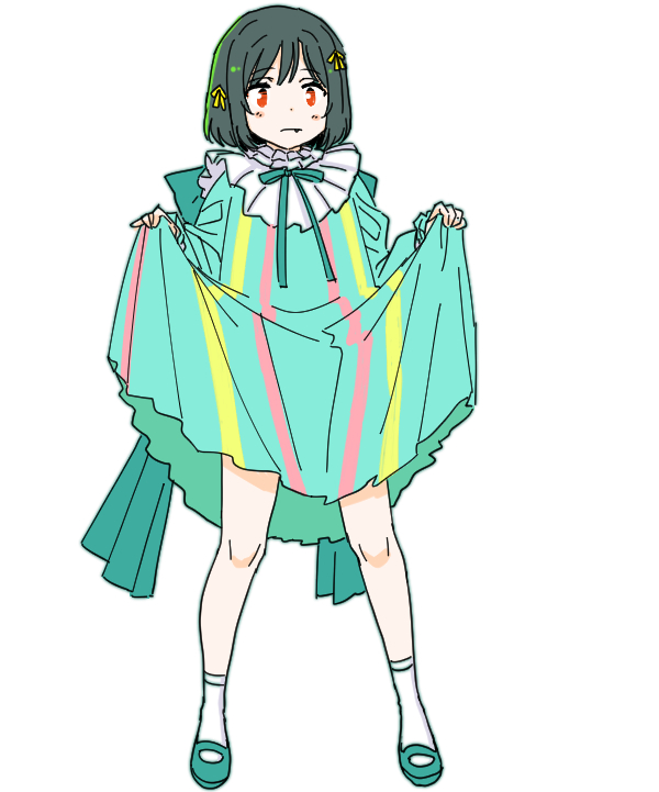 1girl, alternate_color, black_hair, blush, bob_cut, closed_mouth, commentary_request, cosplay