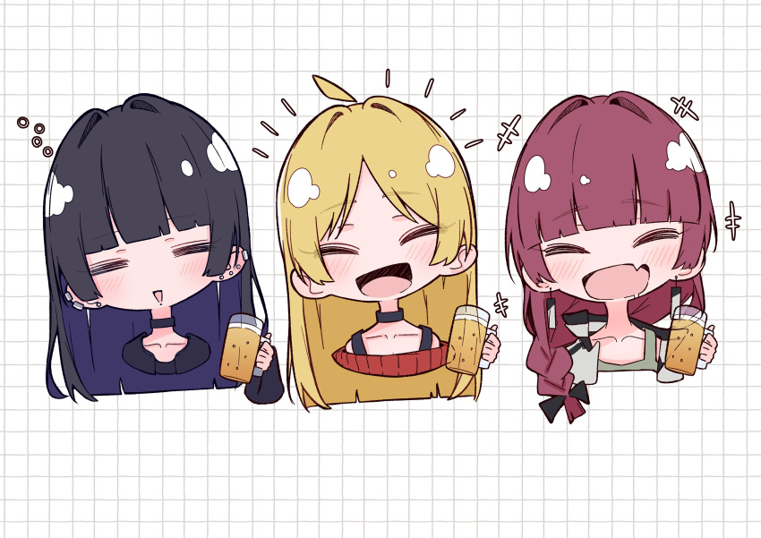 +++, 3girls, ^_^, absurdres, ahoge, aomoringo, beer_mug, black_bow