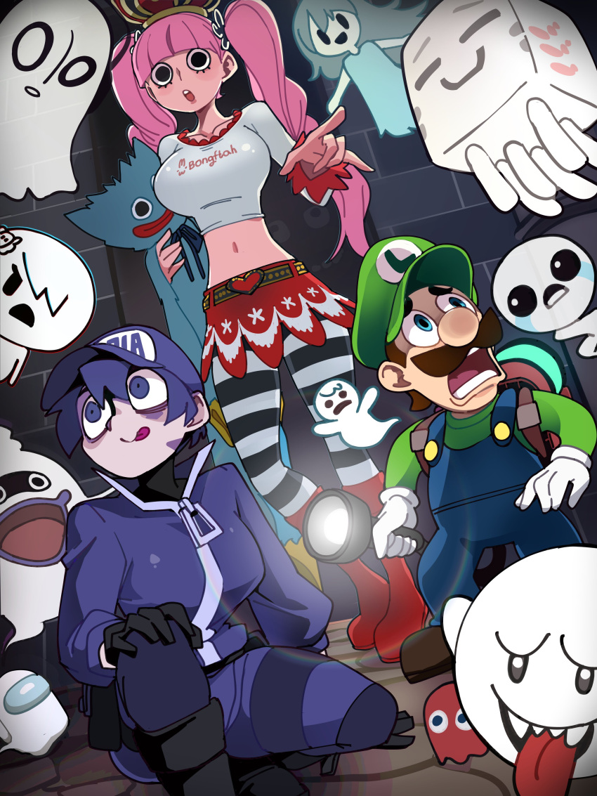 absurdres, among_us, awaria, blinky_(pac-man), bongfill, boo_(mario), carrie_krueger, crossover, crown, ghast, ghost, gothic_lolita, green_hat, hat, highres, holding, holding_lighter, huggy_wuggy, isaac_(the_binding_of_isaac), lighter, lolita_fashion, luigi, minecraft, napstablook, navel, one_piece, pac-man_(game), perona, pink_hair, pointing, ponytail, poppy_playtime, scared, spooky's_house_of_jump_scares, spooky_(shojs), striped_clothes, super_mario_bros., tears, the_amazing_world_of_gumball, the_binding_of_isaac, tongue, tongue_out, twintails, ula_usterka, undertale