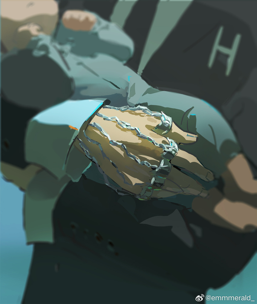 1boy, black_jacket, chain, close-up, emmmerald, hand_focus, highres, holding_baby