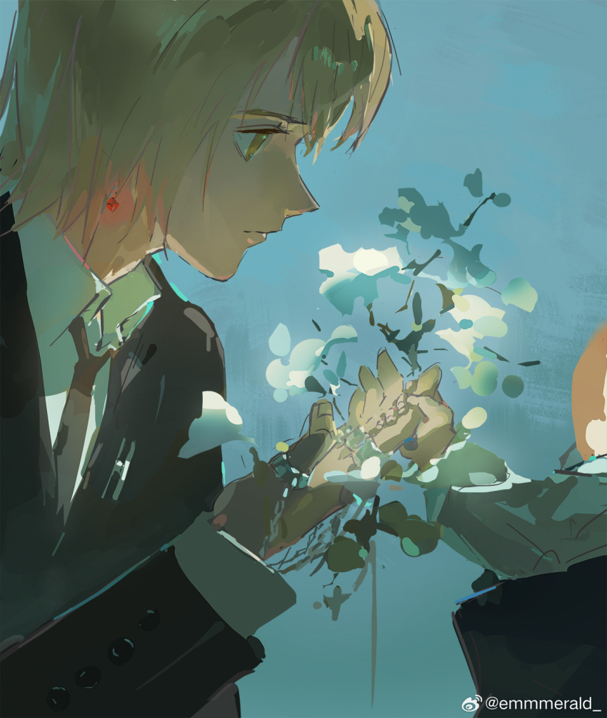 1boy, baby, black_jacket, blonde_hair, chain, collared_shirt, earrings, emmmerald