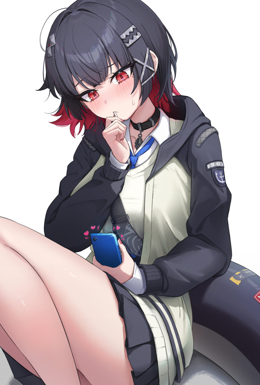 1girl, absurdres, black_choker, black_hair, black_skirt, blue_necktie, blush, candy