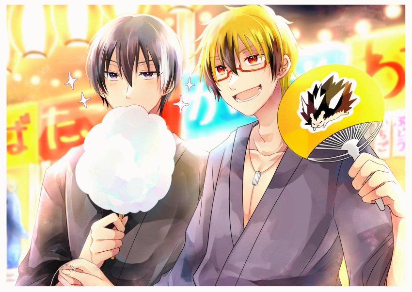 2boys, alternate_costume, aya10_002, black_hair, blonde_hair, collar, cotton_candy, hedgehog