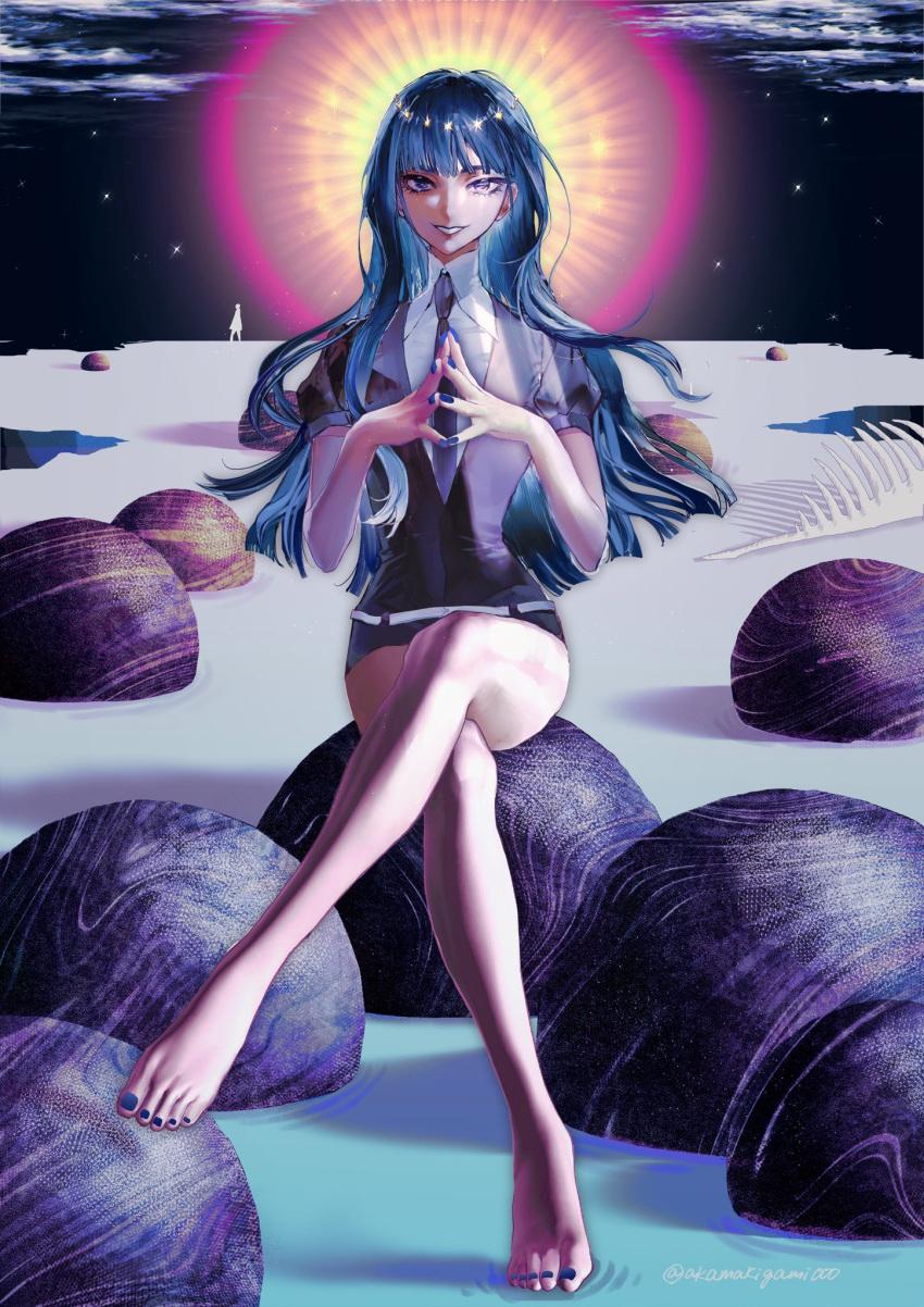 androgynous, barefoot, black_necktie, black_shorts, blue_eyes, blue_hair, blue_nails, clouds