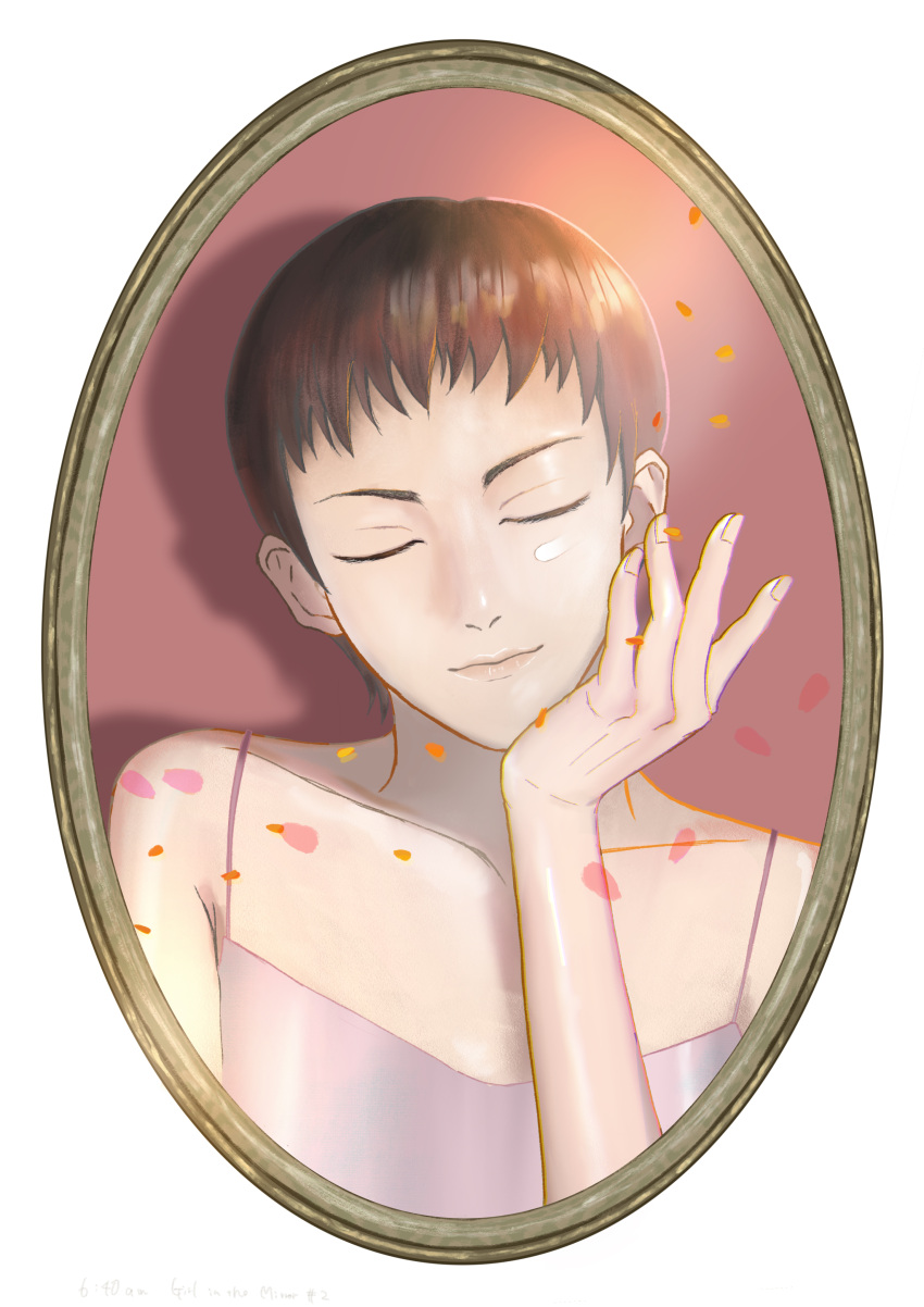 1girl, 3dlo_ocin, absurdres, arisawa_shiho, brown_hair, closed_eyes, facing_viewer, hand_up