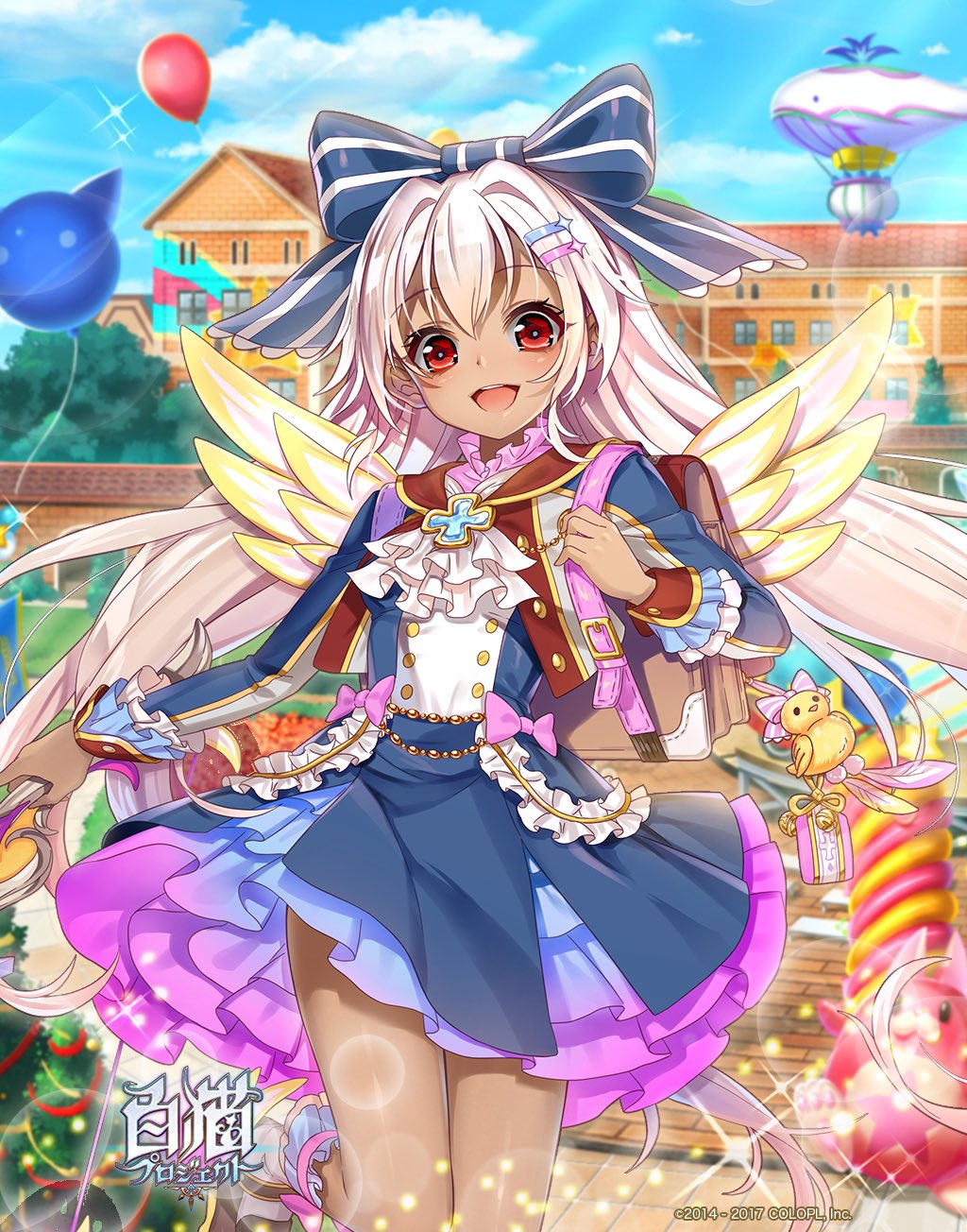 1girl, asymmetrical_wings, bag, baizu_(guszx), bow, center_frills, chakuma_academy_school_uniform, copyright_name, cowboy_shot, dark-skinned_female, dark_skin, feathered_wings, frills, hair_between_eyes, hair_bow, hair_ornament, highres, long_hair, long_sleeves, looking_at_viewer, low-tied_long_hair, low_twintails, mireille_lerner, mismatched_wings, open_mouth, pink_hair, red_eyes, school_bag, school_uniform, shironeko_project, sleeve_cuffs, smile, solo, striped_bow, twintails, white_wings, wings
