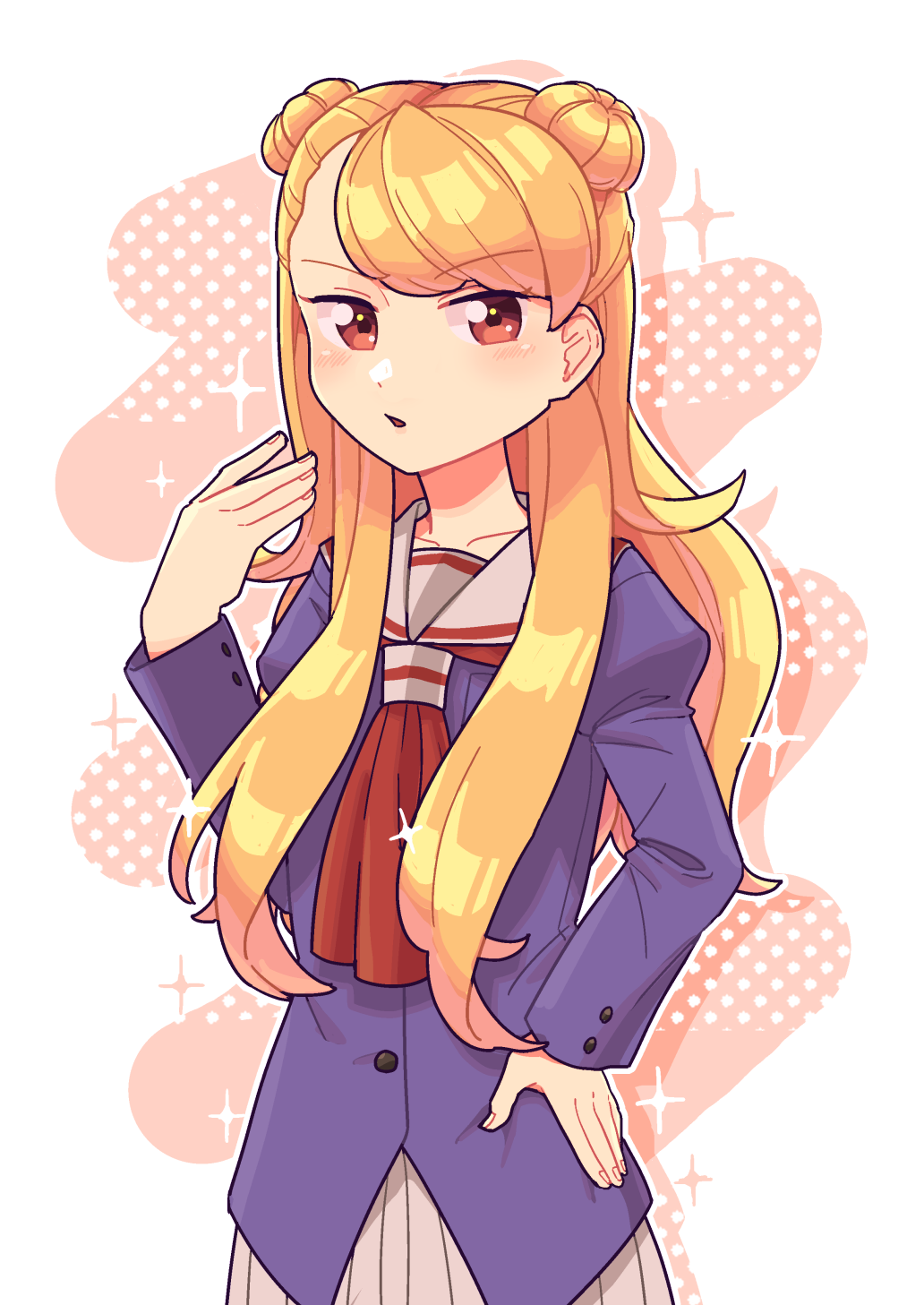 1girl, blazer, blonde_hair, brown_eyes, double_bun, gyaru, hair_bun, hand_on_own_hip, hand_up, highres, jacket, long_hair, neckerchief, parted_bangs, rato_(pixiv84490848), red_neckerchief, school_uniform, skirt, sudou_mizuki, tokimeki_memorial, tokimeki_memorial_girl's_side, very_long_hair
