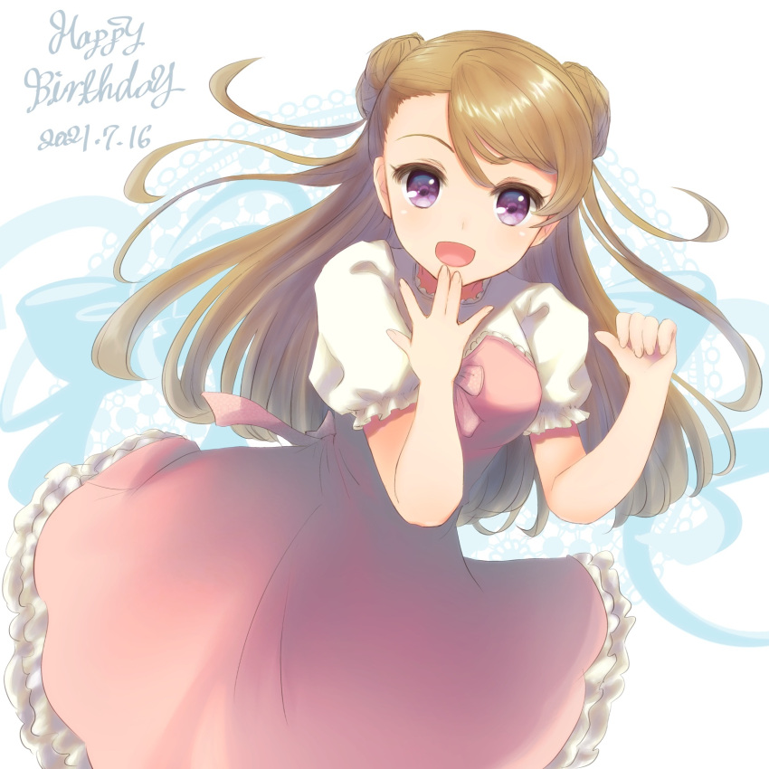 1girl, :d, amami_(amaama0_0), brown_hair, double_bun, dress, hair_bun, hand_up, happy_birthday, highres, long_hair, puffy_short_sleeves, puffy_sleeves, red_dress, short_sleeves, smile, solo, standing, sudou_mizuki, tokimeki_memorial, tokimeki_memorial_girl's_side, violet_eyes
