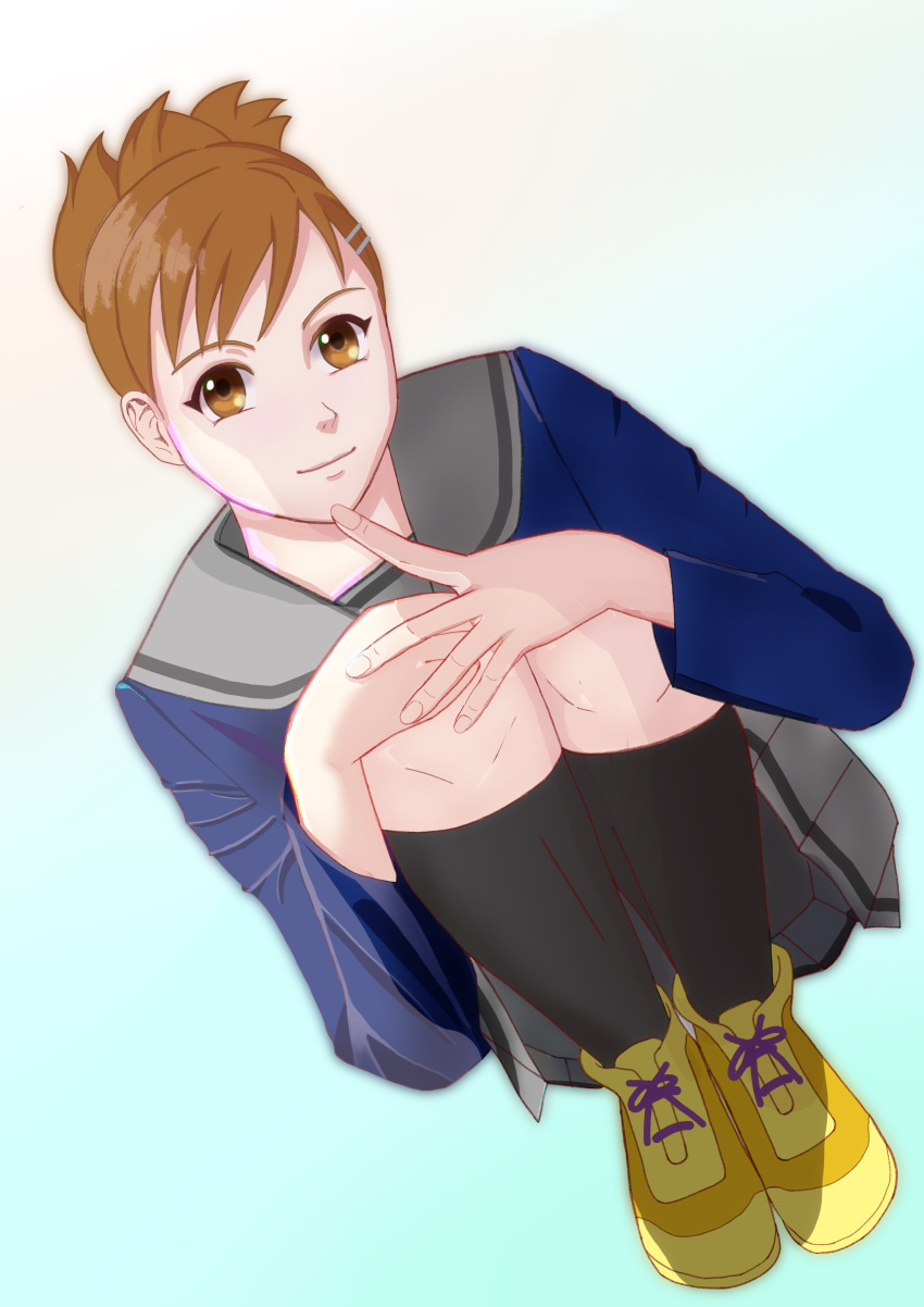 1girl, 3dlo_ocin, absurdres, black_socks, blue_background, brown_eyes, brown_hair, fujii_natsumi