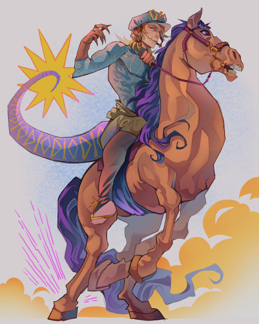 1boy, argyle_clothes, argyle_sweater, blonde_hair, blue_bow, blue_eyes, blue_helmet, blue_sweater, boots, bow, brown_boots, brown_gloves, brown_pants, clawed_gauntlets, cracked_skin, diego_brando, dinosaur_tail, fangs, full_body, gloves, helmet, highres, horse, horseback_riding, jojo_no_kimyou_na_bouken, karmisty1, long_sleeves, male_focus, pants, reins, riding, saddle, scary_monsters_(stand), silver_bullet_(jojo), solo, spurs, stand_(jojo), standing, steel_ball_run, sweater, tail, turtleneck, turtleneck_sweater