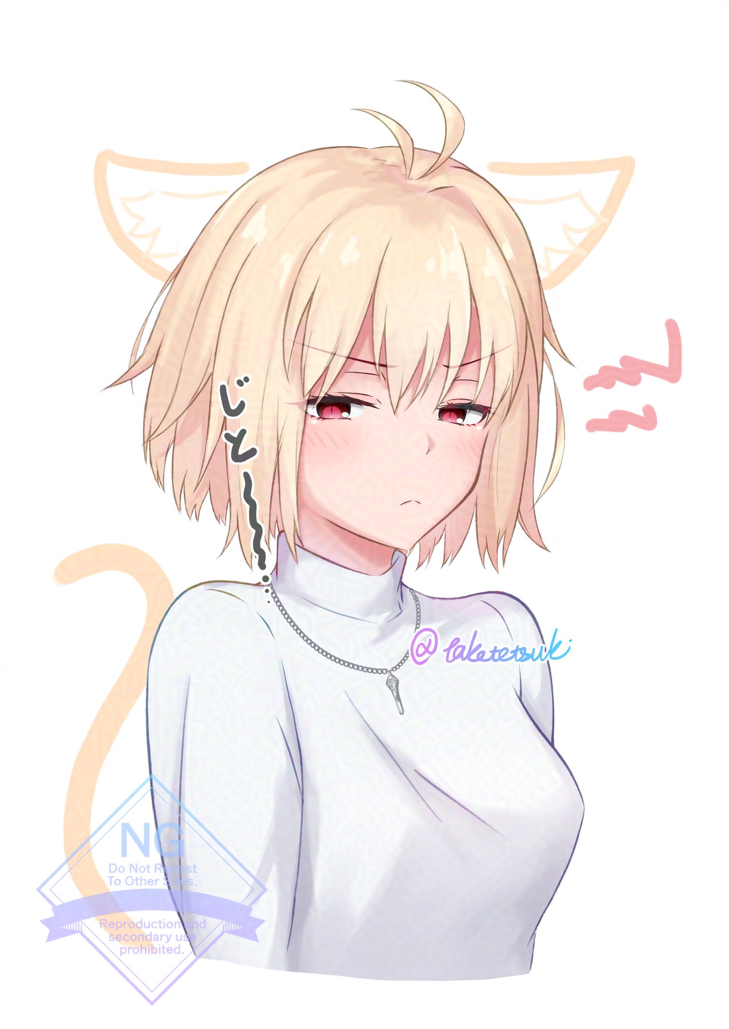 ahoge, animal_ears, arcueid_brunestud, blonde_hair, blush, cat_ears, cat_tail, collared_sweater
