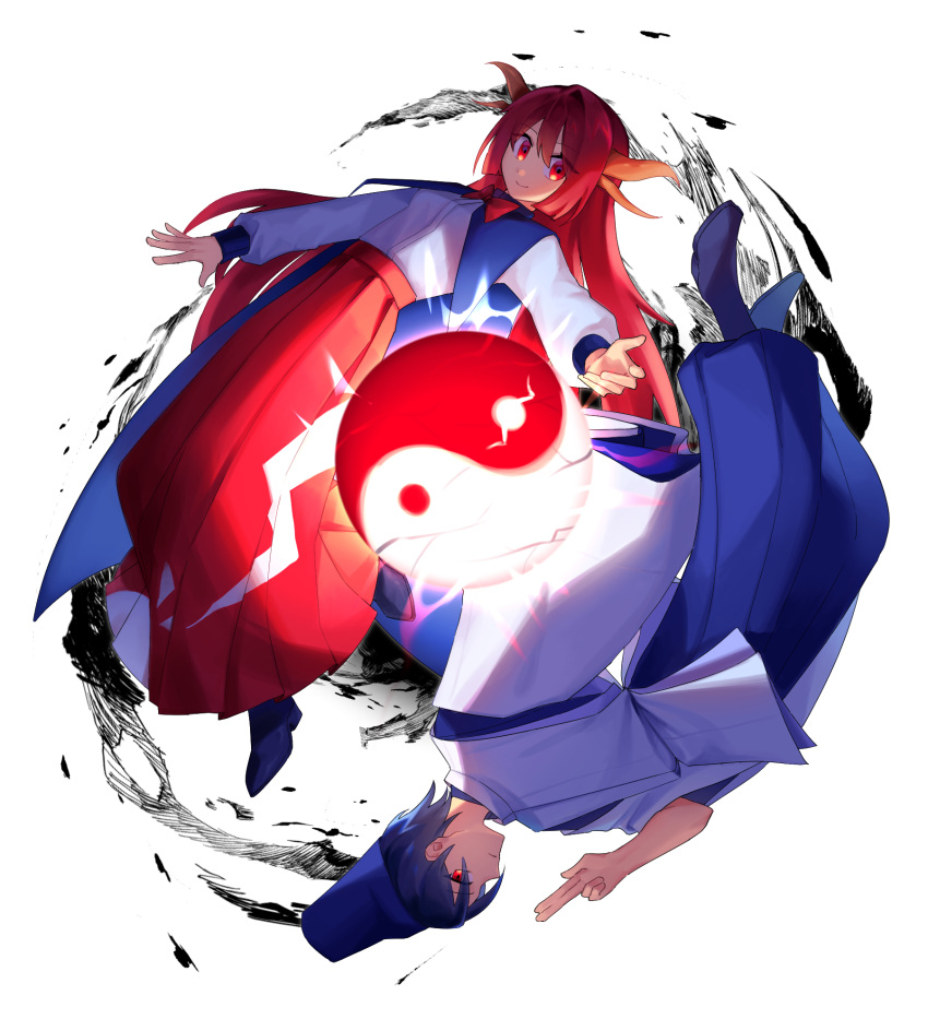 1boy, 1girl, black_boots, blue_cape, blue_hair, blue_hakama, blue_hat, blue_kimono