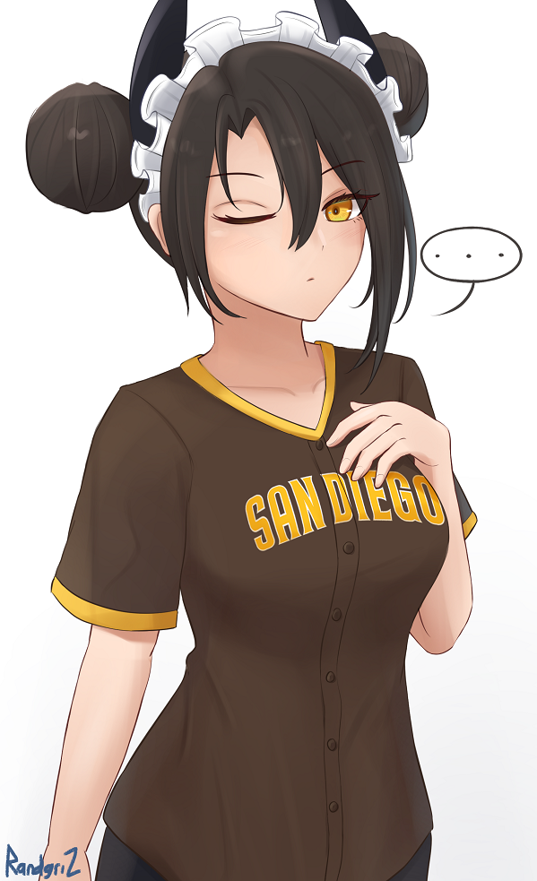 ..., 1girl, agent_(girls'_frontline), alternate_costume, baseball_jersey, black_hair, breasts, brown_shirt, casual, double_bun, girls_frontline, hair_between_eyes, hair_bun, hand_on_own_chest, horns, jersey, looking_at_viewer, maid, maid_headdress, medium_breasts, one_eye_closed, randgriz96, san_diego_padres, sangvis_ferri, shirt, sidelocks, signature, simple_background, single_sidelock, solo, tsurime, v-neck, white_background, yellow_eyes