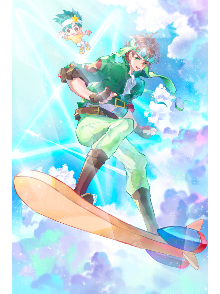 2boys, belt, belt_buckle, blue_sky, boots, border, brown_belt, brown_boots, brown_gloves, brown_hair, brown_sleeve_cuffs, buckle, chibi, chinese_commentary, clenched_hands, clouds, collared_jacket, commentary_request, daichi_(shugo_chara!), day, english_commentary, fingerless_gloves, fist_pump, floating_clothes, flying, gloves, green_belt, green_eyes, green_hair, green_headband, green_jacket, green_pants, hair_between_eyes, hair_ornament, happy, headband, high_belt, highres, inhan, jacket, knee_boots, light_particles, light_rays, long_sleeves, looking_at_viewer, magical_boy, male_focus, messy_hair, mixed-language_commentary, multiple_boys, open_clothes, open_jacket, open_mouth, outdoors, pants, pillarboxed, shirt, shoes, short_hair, short_sleeves, shorts, shugo_chara!, sky, sky_jack, smile, sneakers, souma_kuukai, spiky_hair, sportswear, star_(symbol), star_hair_ornament, star_print, sunlight, surfing, t-shirt, teeth, thick_eyebrows, three-quarter_sleeves, upper_teeth_only, white_border, white_headband, white_shirt, white_shorts, wristband, yellow_shirt, yellow_shoes