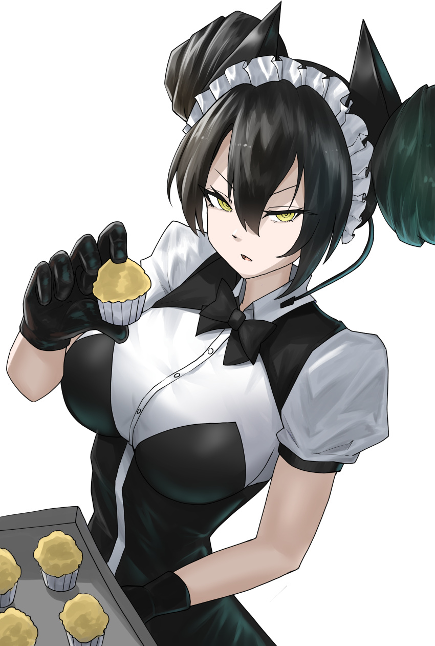 1girl, absurdres, agent_(girls'_frontline), baking_sheet, black_dress, black_gloves, black_hair, bow