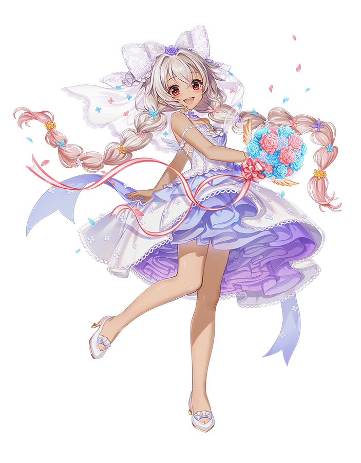 1girl, baizu_(guszx), bare_shoulders, blue_flower, blue_rose, bouquet, bow, braid, bride, dark_skin, dress, flower, full_body, hair_between_eyes, hair_ornament, holding, holding_bouquet, long_hair, looking_at_viewer, mireille_lerner, open_mouth, petals, pink_flower, pink_hair, pink_rose, red_eyes, ribbon, rose, shironeko_project, smile, solo, standing, standing_on_one_leg, thighs, transparent_background, twin_braids, twintails, veil, very_long_hair, wedding_dress, white_dress