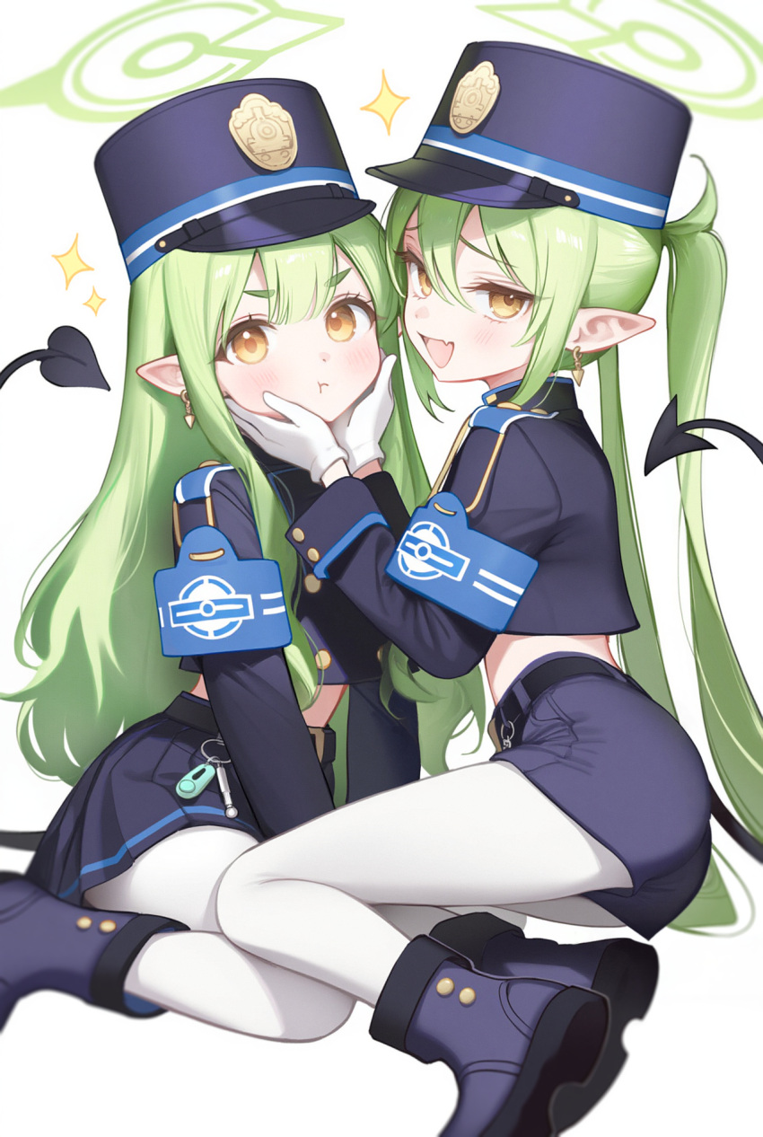 2girls, :d, :t, ai-assisted, armband, belt, black_belt, black_boots