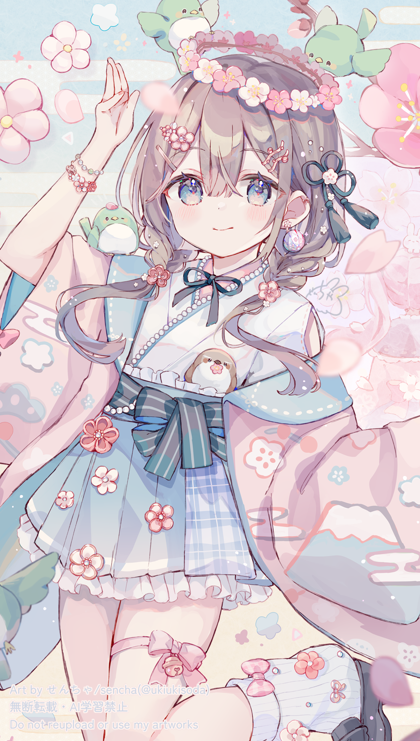 1girl, animal, arm_up, bird, black_shoes, blue_eyes, blue_skirt, blue_sky, braid, brown_hair, closed_mouth, commentary_request, egasumi, eshi_100_nin_ten, flower, frilled_skirt, frills, hair_over_shoulder, highres, jacket, japanese_clothes, kimono, loafers, long_hair, loose_socks, low_twintails, off_shoulder, open_clothes, open_jacket, original, pink_flower, pink_jacket, pleated_skirt, ribbed_socks, sencha_(senta_10), shoes, skirt, sky, smile, socks, solo, twintails, white_flower, white_kimono, white_socks