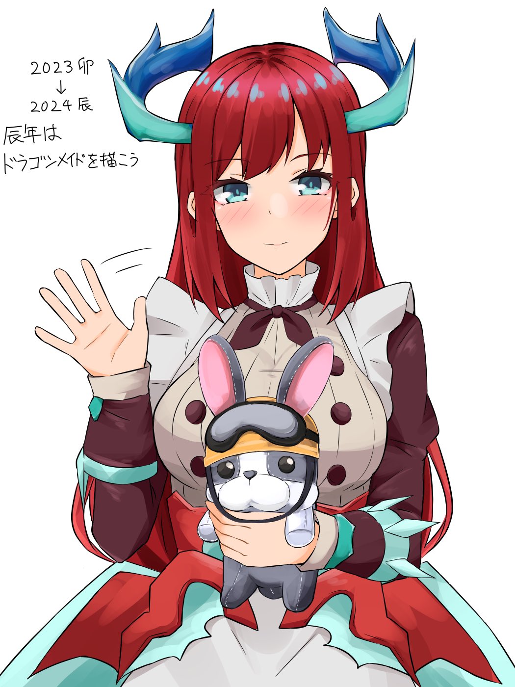 1girl, apron, blue_eyes, blush, breasts, closed_mouth, dragon_girl, dragon_horns