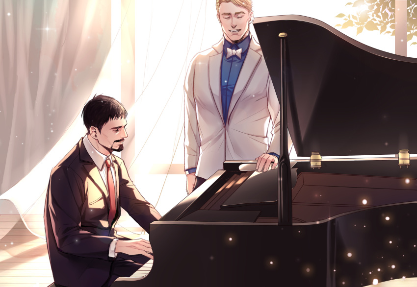 2boys, arethusa_smile, avengers_(series), black_hair, black_jacket, blonde_hair, blue_shirt, bow