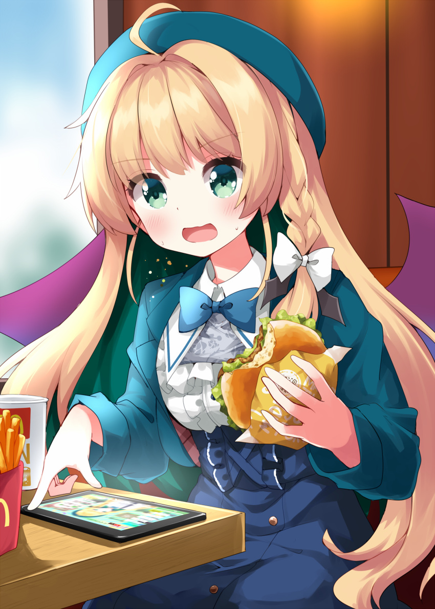1girl, blonde_hair, blue_bow, blue_bowtie, blue_jacket, blue_skirt, blush, bow, bowtie, braid, burger, center_frills, collared_shirt, commentary_request, crumbs, eating, food, french_fries, frills, green_hat, hair_bow, hat, highres, holding, holding_food, indie_virtual_youtuber, indoors, jacket, long_hair, long_sleeves, midorima_caroline, open_mouth, ruu_(tksymkw), shirt, sitting, skirt, solo, sweat, tablet_pc, virtual_youtuber, white_bow, white_shirt