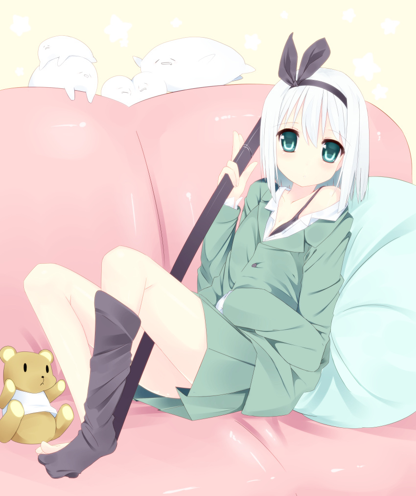 black_bra, bra, footwear, green_eyes, hairband, highres, katana, konpaku_youmu