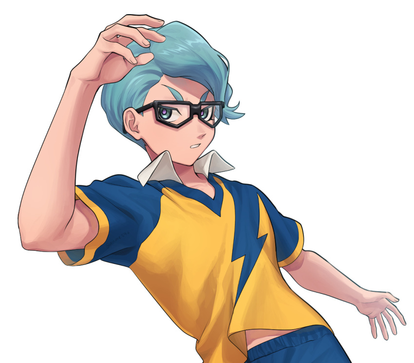 1boy, aqua_eyes, aqua_hair, blue_shorts, collar, glasses, hand_up, inazuma_eleven_(series)