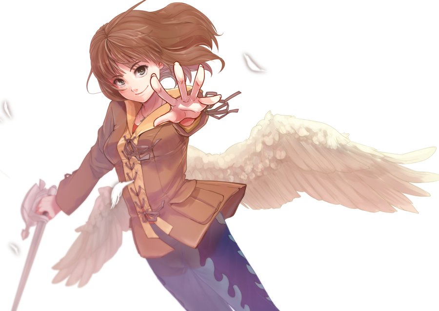 1girl, blancvisor, brown_shirt, feathered_wings, holding, holding_sword, holding_weapon, kamen_rider