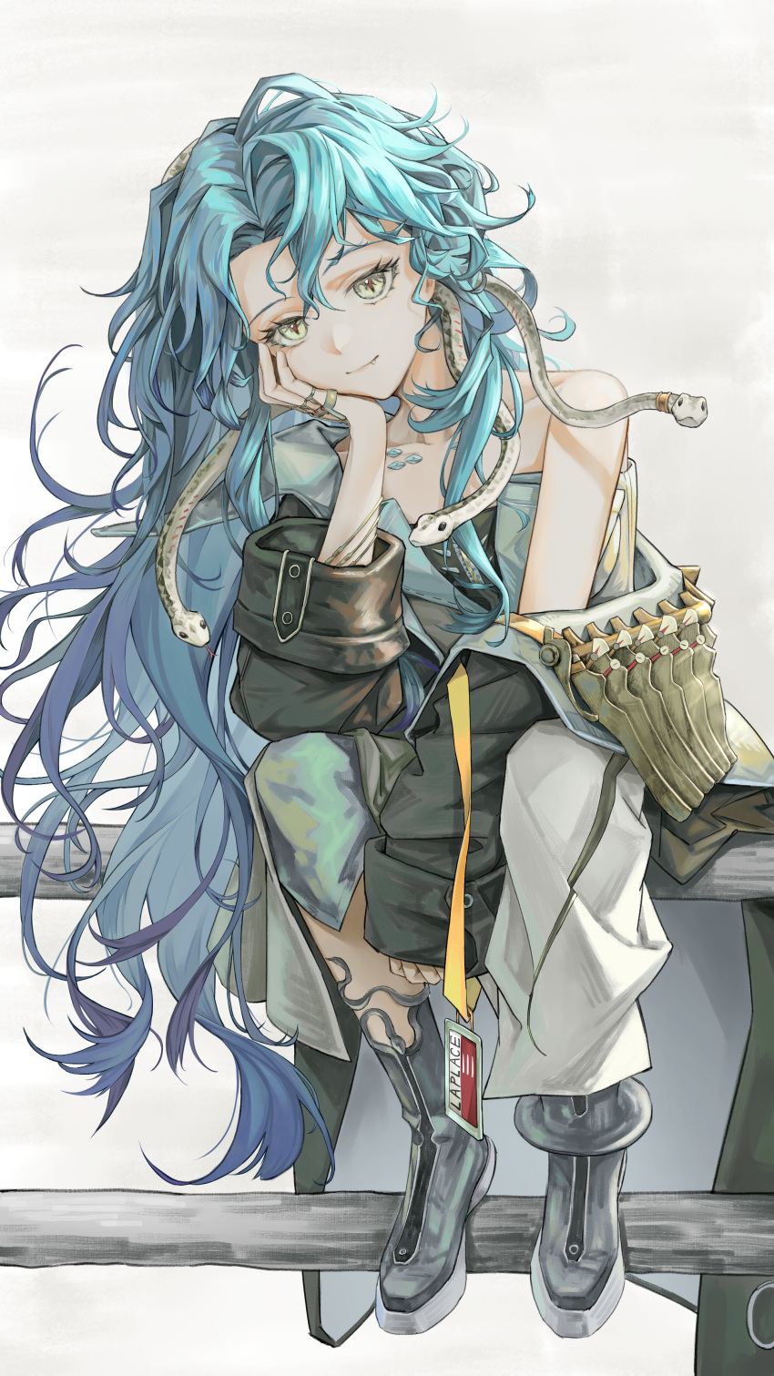 1girl, absurdres, between_legs, black_coat, blue_hair, boots, closed_mouth, coat, dress, fang, fang_out, full_body, green_eyes, grey_boots, hand_between_legs, hand_on_own_cheek, hand_on_own_face, hand_up, head_rest, highres, hissabeth, id_card, long_dress, long_hair, looking_at_viewer, on_railing, railing, red_pupils, reverse:1999, single_bare_shoulder, single_off_shoulder, sitting, slit_pupils, smile, snake, snake_on_head, solo, strapless, strapless_dress, tongshan_treeless, very_long_hair, wavy_hair, white_background, white_dress