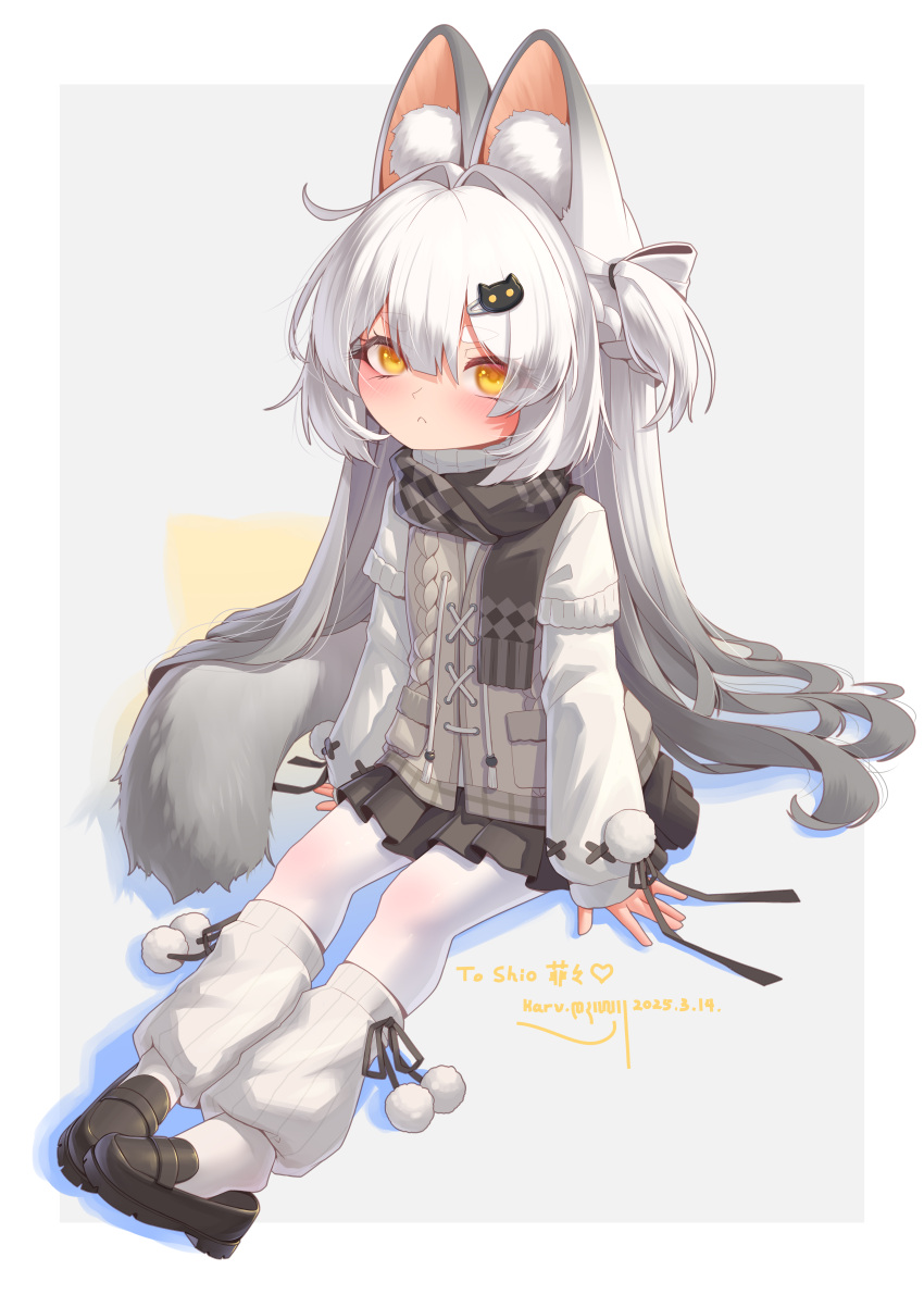 1girl, 2025, :<, absurdres, animal_ear_fluff, animal_ears, black_ribbon, border