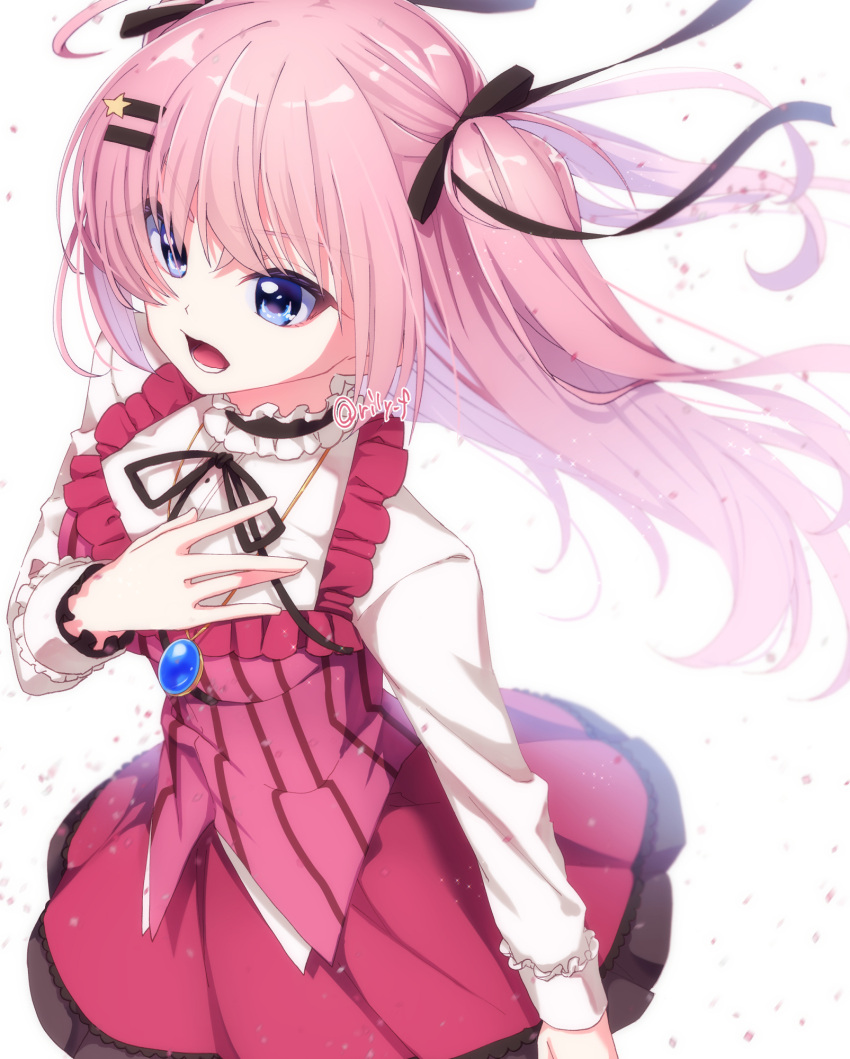 1girl, =_hair_ornament, black_bow, black_ribbon, blue_eyes, blurry, bow, choker