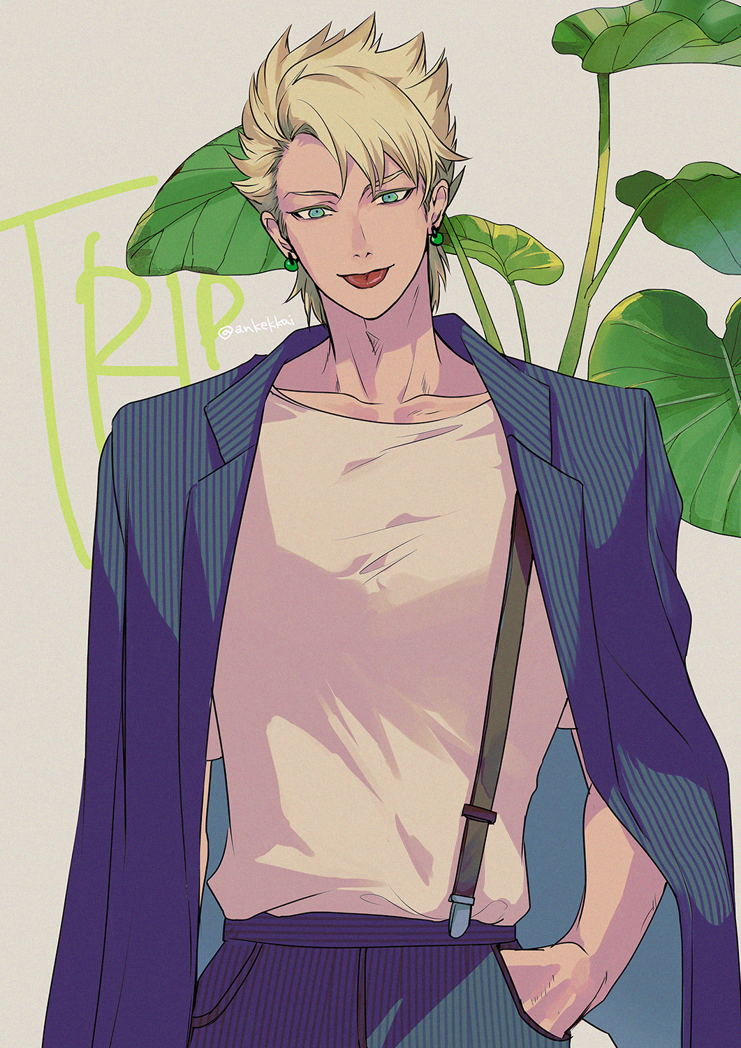 1boy, :p, ankekkai, blonde_hair, blue_jacket, blue_pants, character_name, collarbone