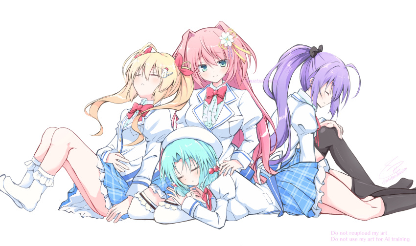 4girls, ahoge, antenna_hair, aqua_eyes, aqua_hair, beret, black_bow, black_socks