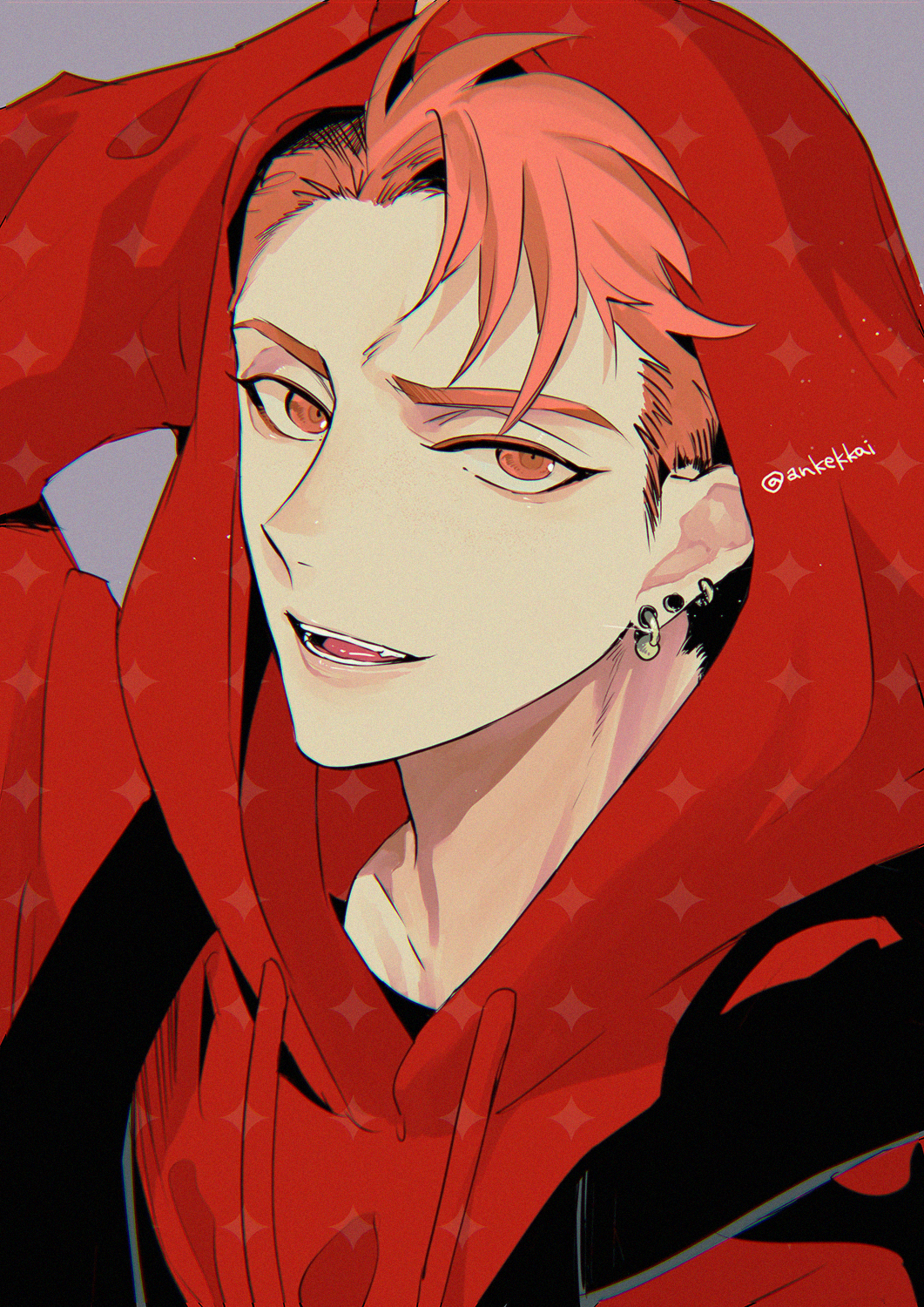 1boy, ankekkai, backpack, bag, commentary_request, ear_piercing, earrings, grey_background