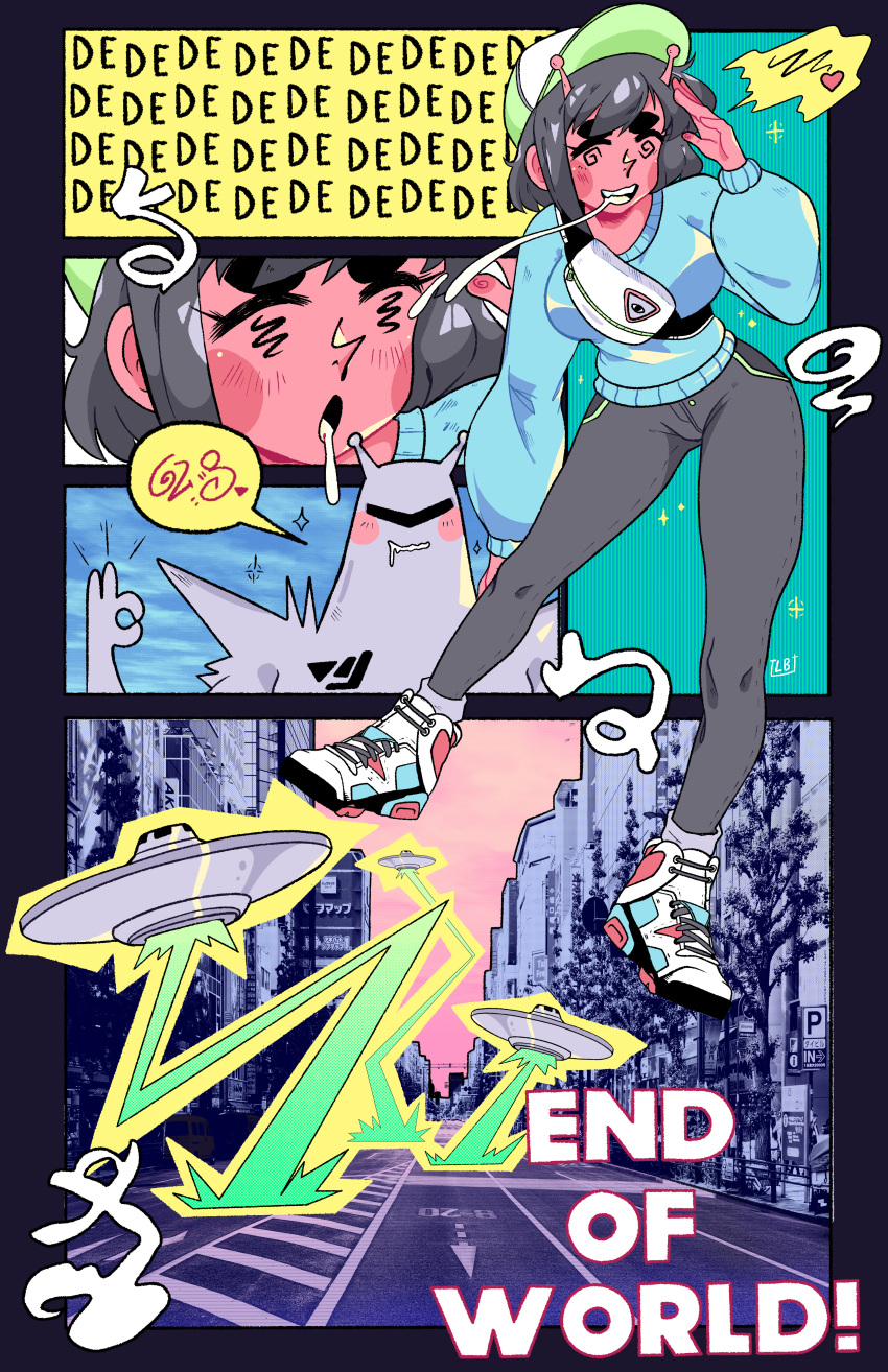 @_@, absurdres, alien, antennae, baseball_cap, blue_sweater, blush_stickers, colored_skin