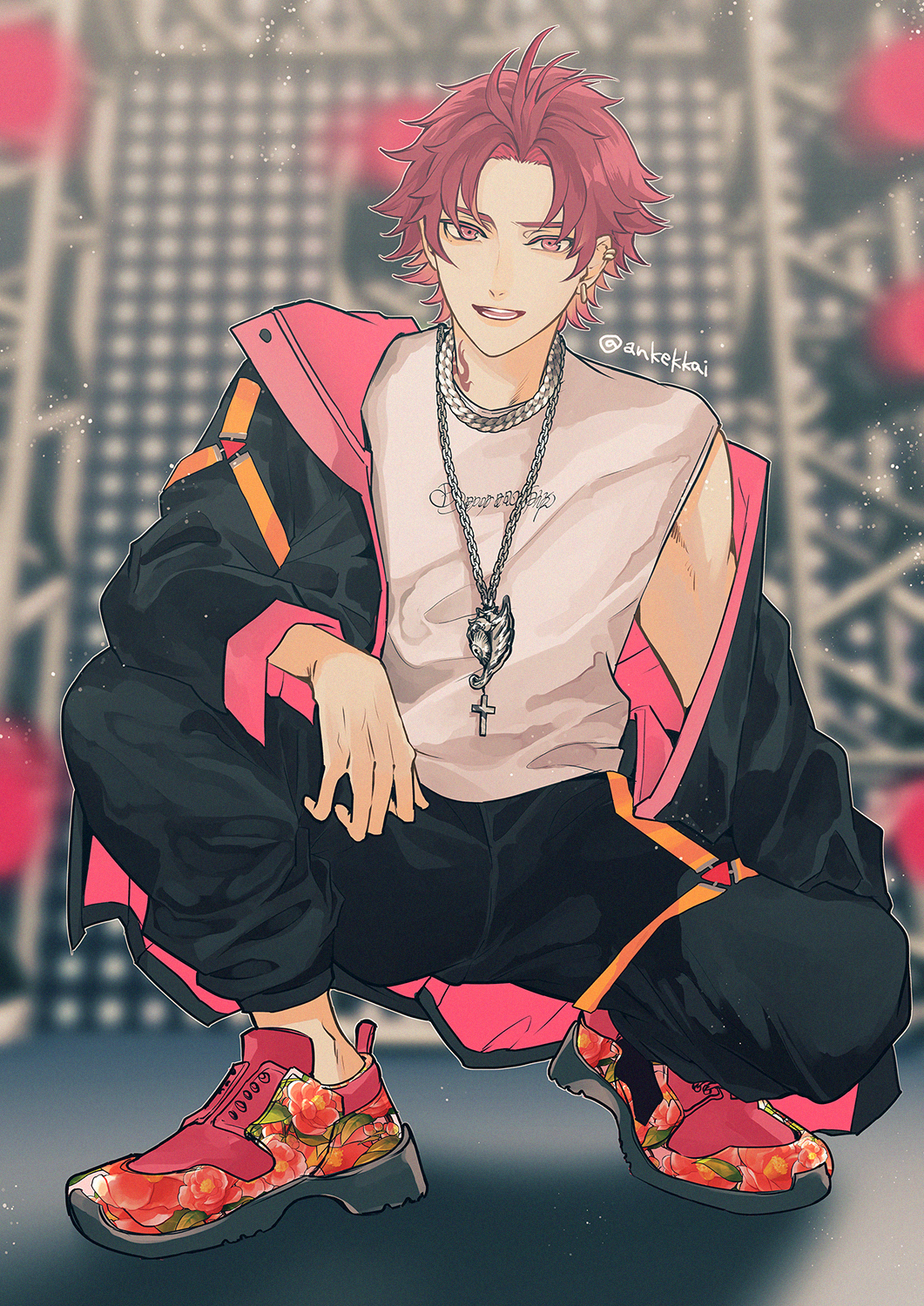 1boy, ankekkai, bae_(paradox_live), black_jacket, black_pants, blurry, blurry_background, chain, chain_necklace, earrings, full_body, highres, jacket, jacket_partially_removed, jewelry, long_sleeves, looking_at_viewer, male_focus, necklace, off_shoulder, open_clothes, open_jacket, open_mouth, pants, paradox_live, parted_bangs, phantometal_(paradox_live), red_eyes, red_hair, red_shoes, shirt, shoes, short_hair, sleeveless, sleeveless_shirt, smile, sneakers, solo, squatting, sugasano_allen, tank_top, teeth, twitter_username, white_shirt, white_tank_top