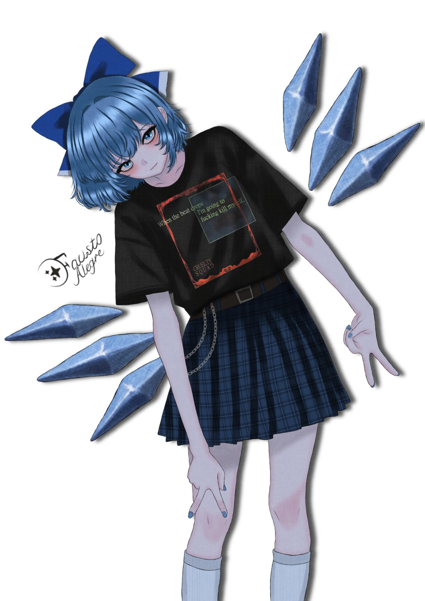1girl, belt, belt_chain, black_belt, black_shirt, blue_bow, blue_eyes, blue_hair, blue_nails, blue_skirt, bow, cirno, closed_mouth, cruelty_squad, detached_wings, double_v, glitched_satellite, gyaru_v, highres, ice, ice_wings, inward_v, leaning_to_the_side, light_smile, looking_at_viewer, nail_polish, pleated_skirt, shirt, shirt_tucked_in, short_hair, short_sleeves, simple_background, skirt, socks, solo, t-shirt, touhou, v, white_background, white_socks, wings