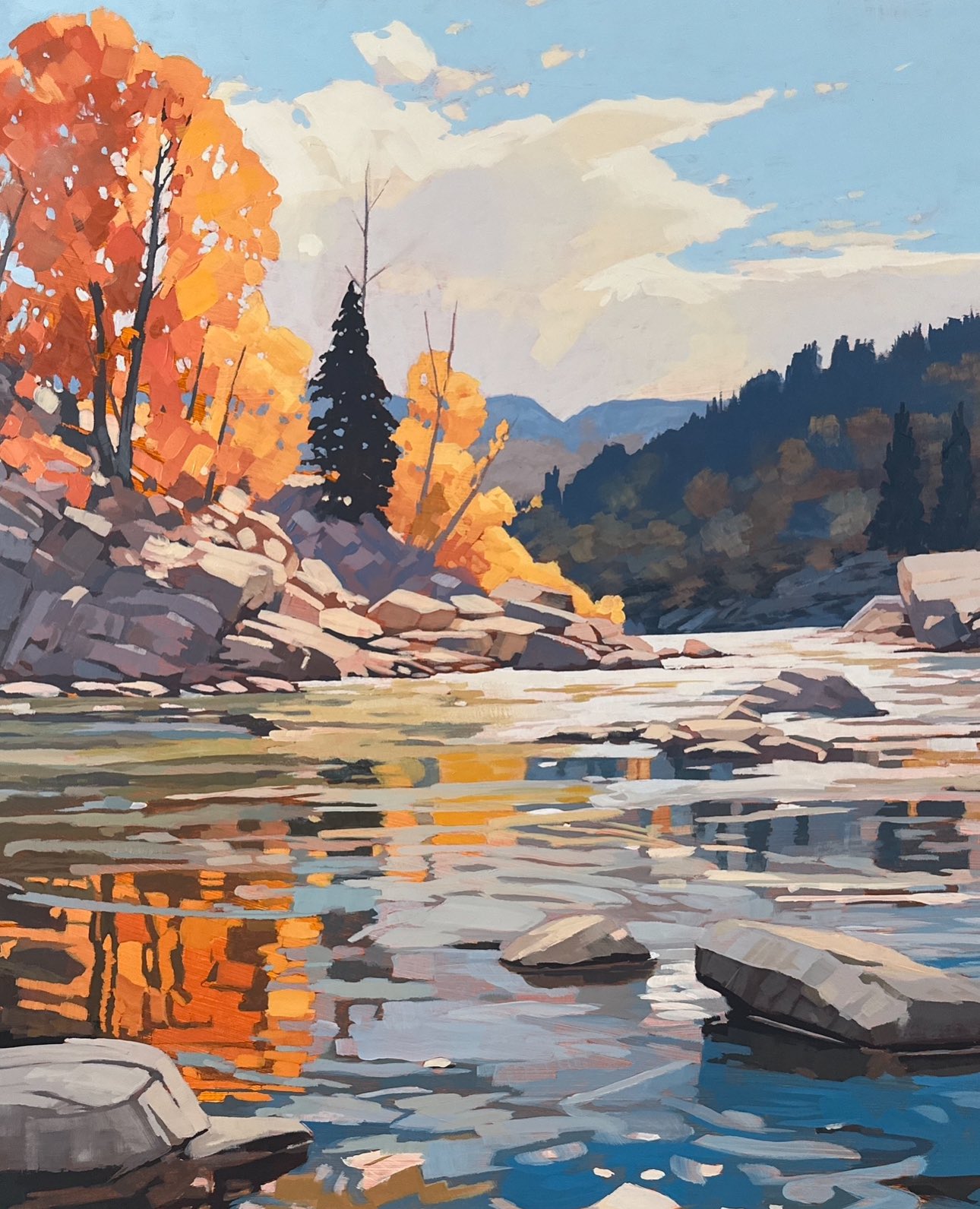 autumn_leaves, clouds, commentary, english_commentary, highres, jimmusilpainter, leaf, mountain