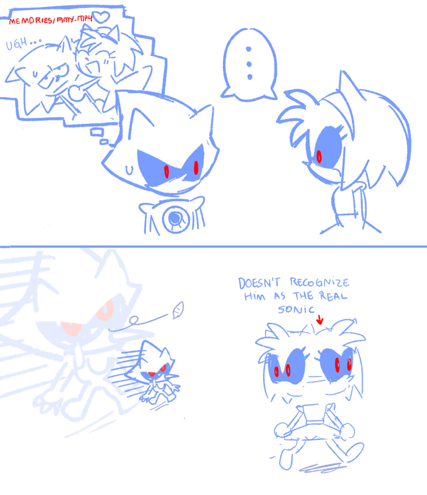 1boy, 1girl, amy_rose, animal_ears, black_sclera, bootleg_metal_sonic_plush, caffstrink, chasing