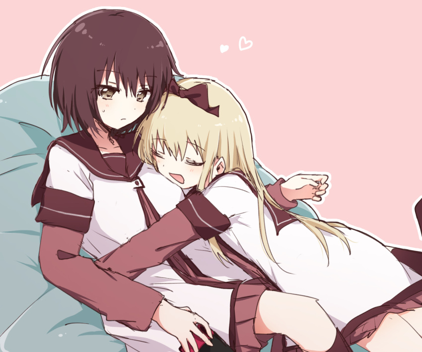 2girls, :d, bean_bag_chair, between_legs, blonde_hair, blush, bow, brown_eyes, brown_hair, brown_sailor_collar, brown_skirt, closed_eyes, cuddling, dress, feet_out_of_frame, funami_yui, hair_bow, hair_ornament, head_on_another's_shoulder, heart, hug, kneehighs, knees, layered_sleeves, light_blush, long_hair, long_sleeves, lying, lying_on_person, migimiya_yoru, multiple_girls, nanamori_school_uniform, on_person, open_mouth, pink_background, pleated_dress, sailor_collar, sailor_dress, school_uniform, serafuku, short_hair, short_over_long_sleeves, short_sleeves, simple_background, skirt, smile, socks, toshinou_kyouko, yuri, yuru_yuri