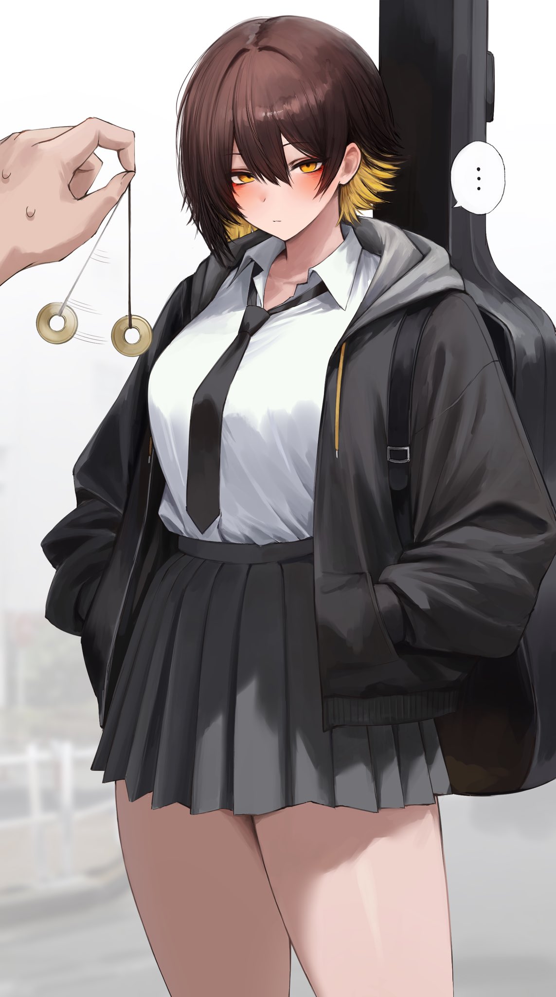 ..., 1girl, 1other, asymmetrical_hair, black_jacket, black_necktie, black_skirt, blonde_hair